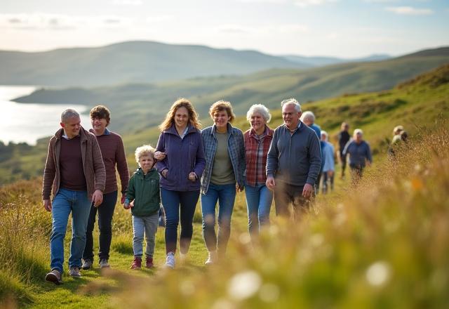 Diverse community group on guided hillside walk near Galway, Ireland
