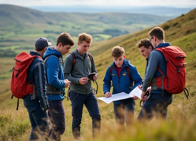 Young adults learning outdoor guide skills during vocational training on Irish hillside